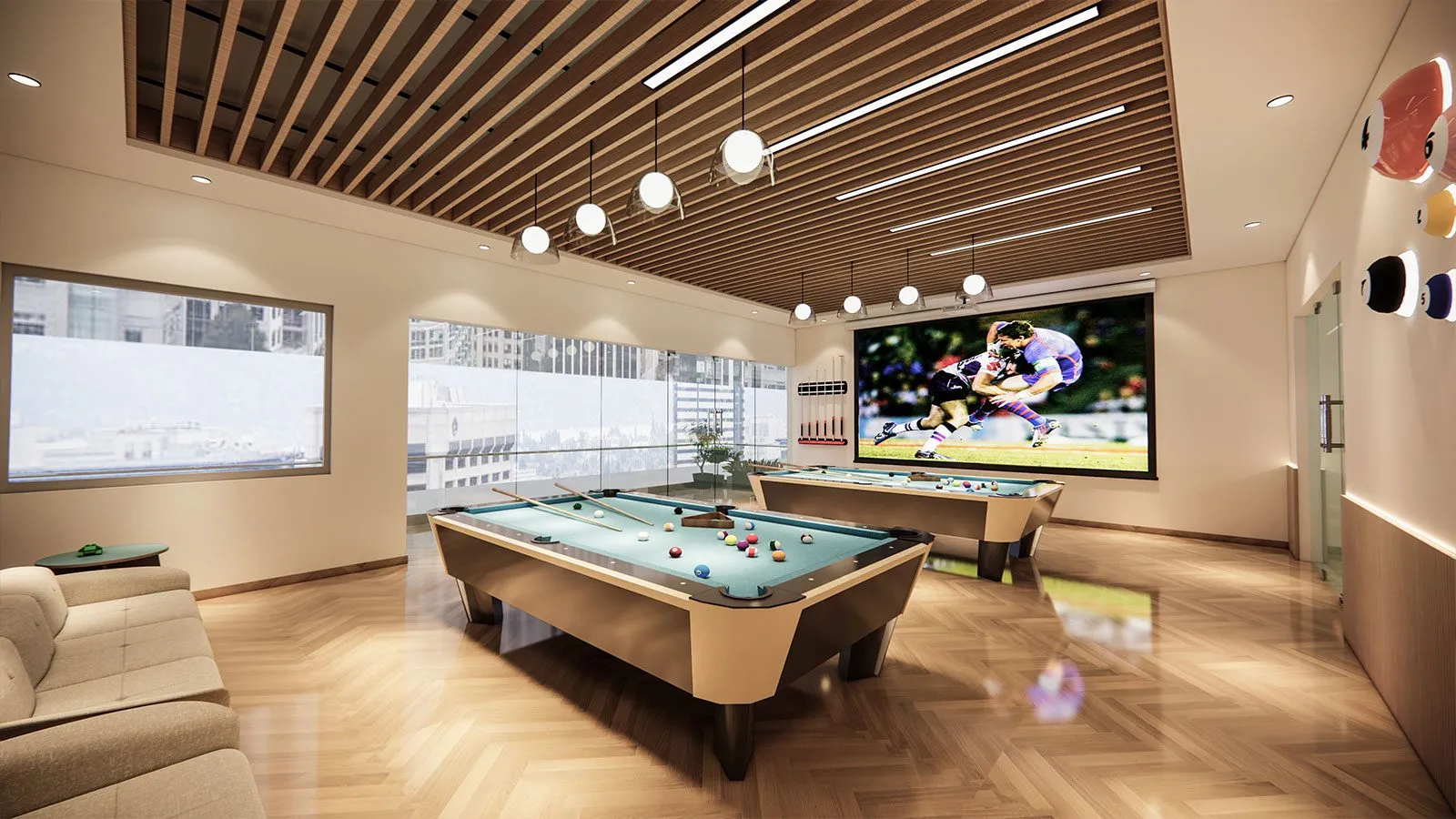 Godrej Varanya Kharghar luxury clubhouse billiards room with entertainment screen