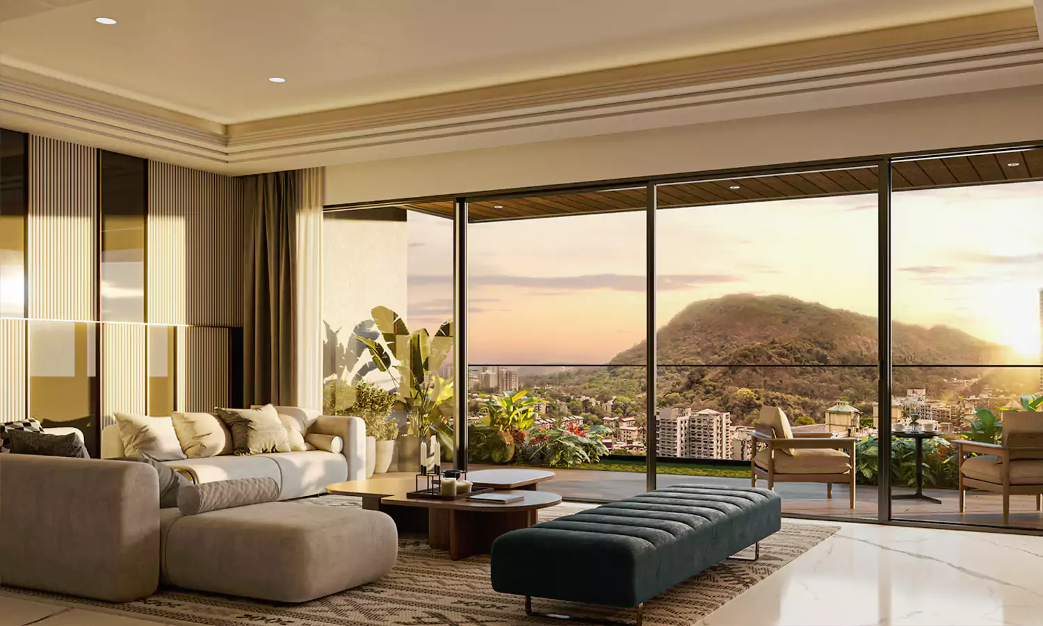 Godrej Varanya Kharghar luxury apartment living room with Kharghar hill sunset view