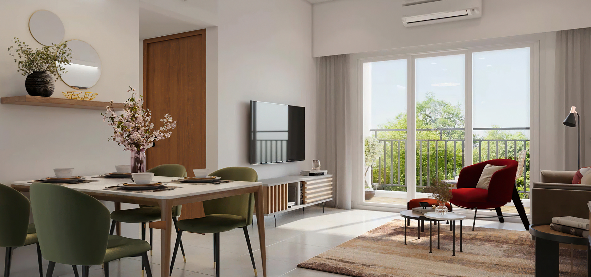Godrej Varanya Kharghar bright modern living room interior with green balcony view