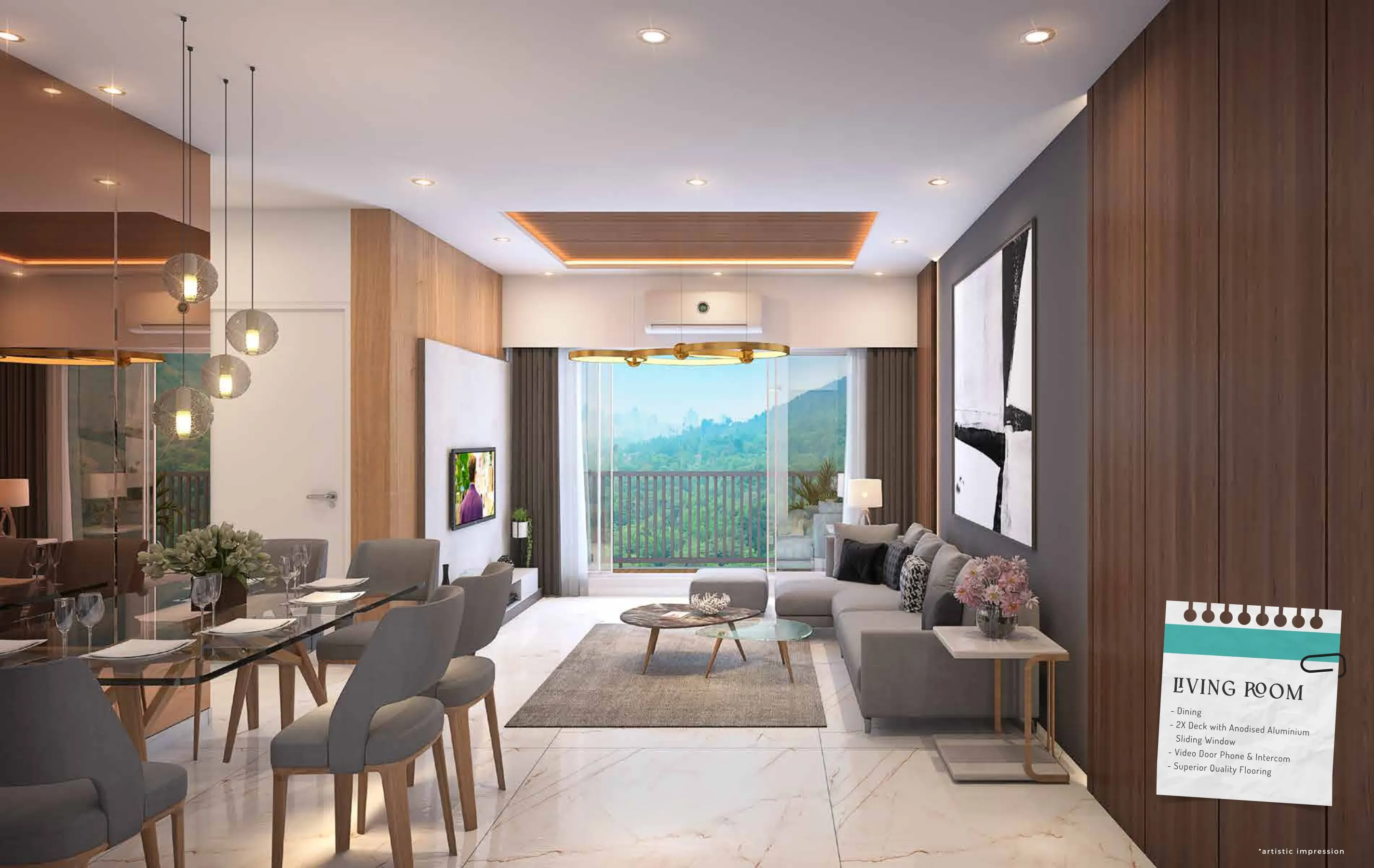 Godrej Pune Kharadi 3BHK living and dining room render with balcony and green valley view