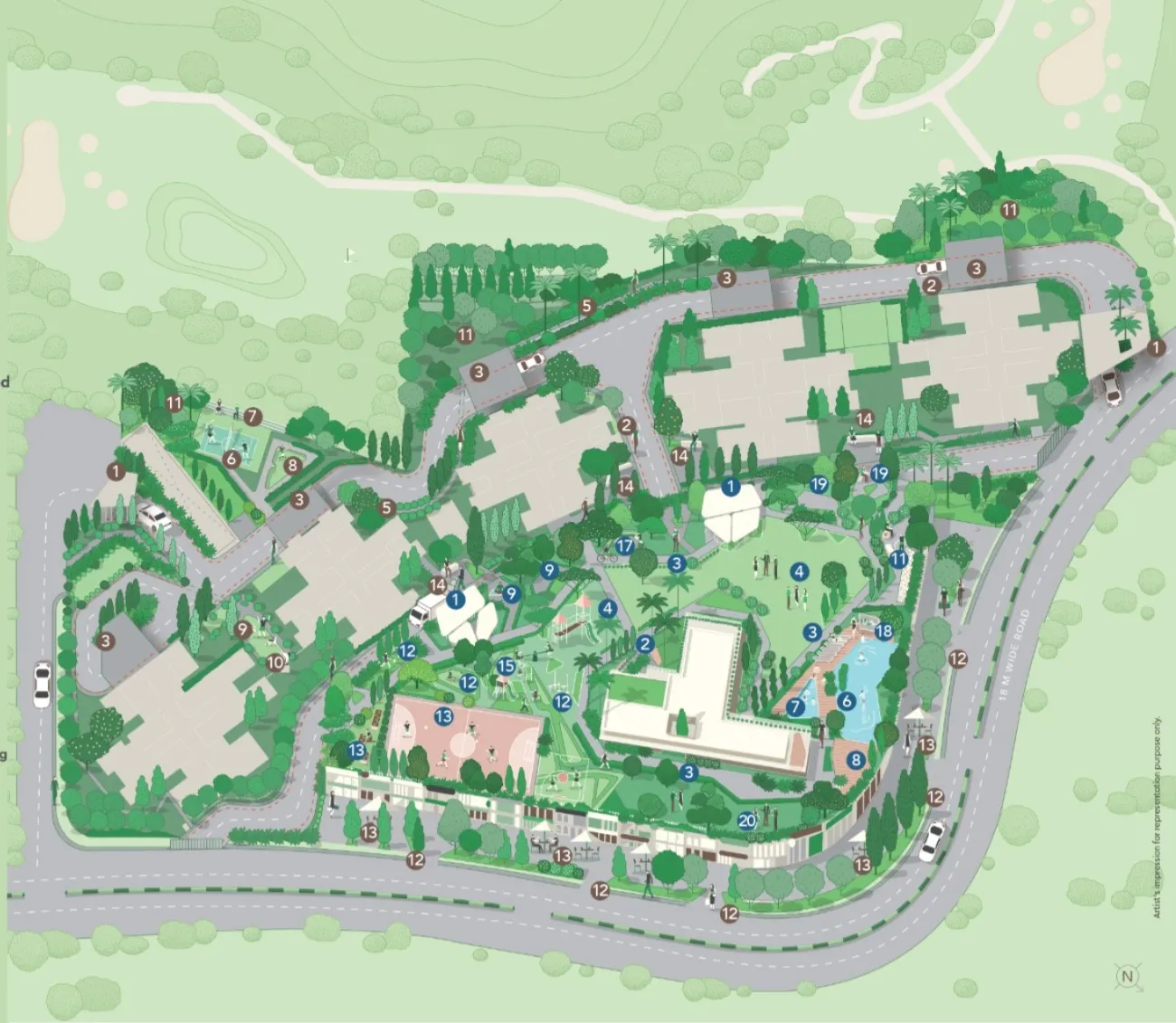 Godrej Pune Kharadi master site plan with 20 numbered amenities and landscaped green zones